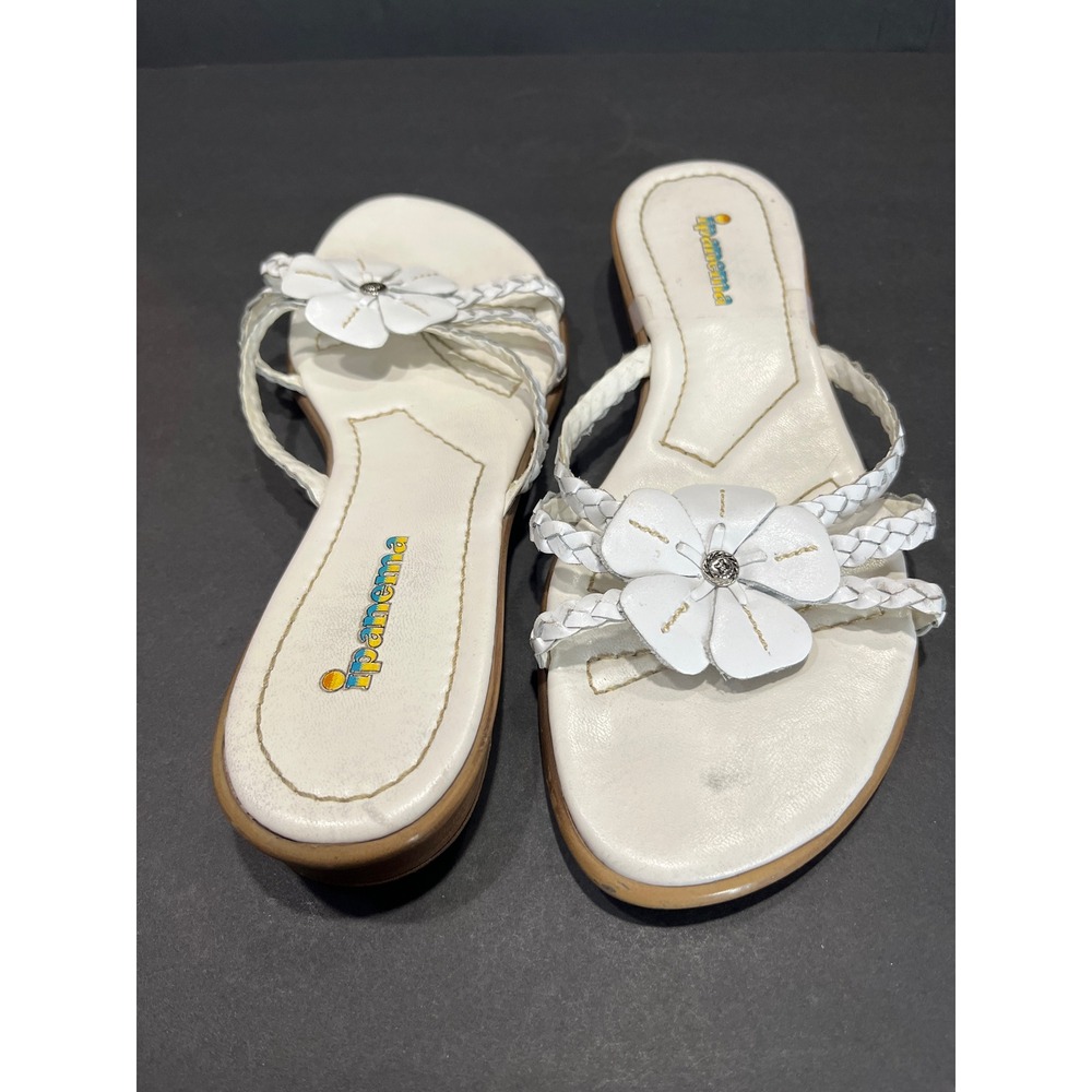 Ipanema Whimsical White Leather Flower Braided Slide Sandals Womens 9M Brazil